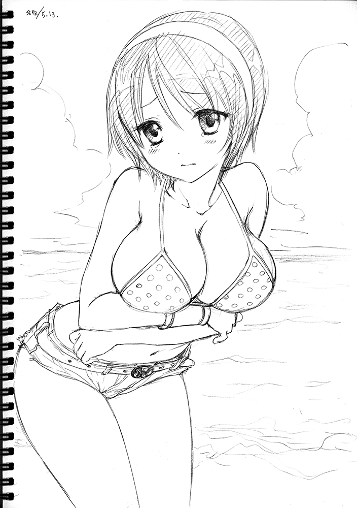 1girl belt bent_over bikini bikini_top_only blush bracelet breasts cleavage cloud collarbone dated embarrassed hairband jewelry kantai_collection large_breasts looking_at_viewer may monochrome natori_(kancolle) navel ocean ozaki_mirai polka_dot polka_dot_bikini polka_dot_bikini_top short_hair short_shorts shorts sketch sky standing swimsuit tears water