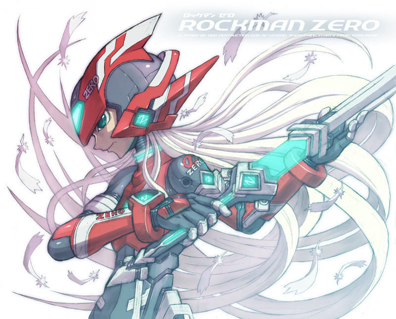1boy alternate_costume blonde_hair capcom energy_blade feathers go! male_focus mega_man_(series) mega_man_zero_(series) sheath solo unsheathing white_hair zero(z)_(mega_man) zero_(mega_man)