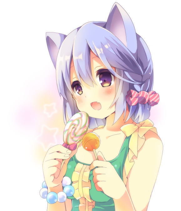 1girl :d animal_ears bead_bracelet beads bracelet braid candy candy_hair_ornament cat_ears center_frills collarbone commentary_request eating fang food food-themed_hair_ornament frills green_tank_top hair_ornament holding holding_candy holding_food holding_lollipop jewelry lollipop medium_hair multicolored_eyes neneko-n open_mouth original purple_eyes purple_hair skin_fang smile solo swirl_lollipop tank_top two-tone_eyes upper_body yellow_eyes