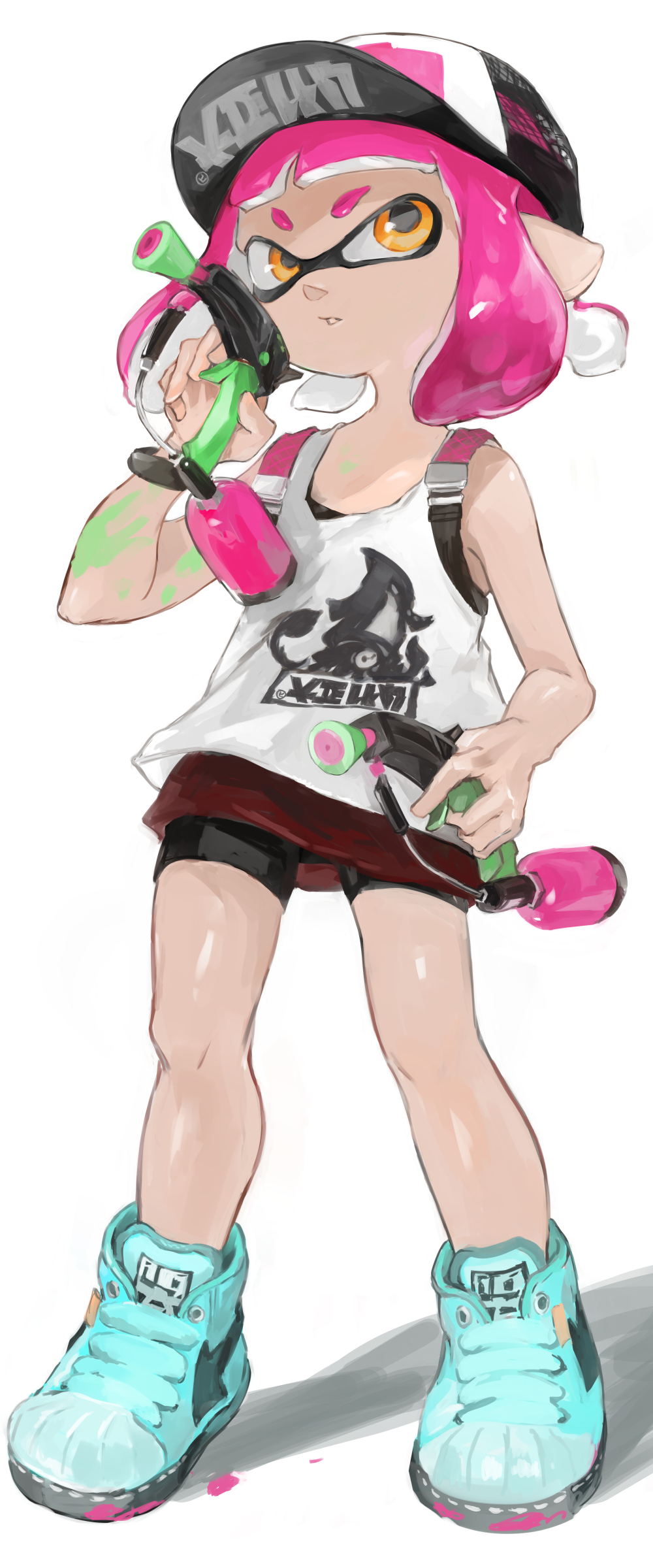 1girl absurdres baseball_cap bike_shorts_under_skirt black_shorts blue_shoes full_body ga4me4 hand_up hat highres holding inkling inkling_girl inkling_player_character legs_apart miniskirt nintendo orange_eyes parted_lips pink_hair pointy_ears red_skirt shadow shoes short_hair shorts simple_background skirt sneakers solo splat_dualies_(splatoon) splatoon_(series) standing tank_top tentacle_hair white_background white_tank_top