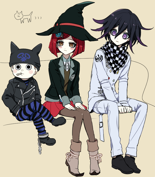 1girl 2boys animal_ear_headwear animal_ears arm_belt beanie belt belt_buckle black_eyes black_footwear black_hat black_jacket black_jumpsuit black_scarf black_sleeves blue_jumpsuit blunt_ends blush_stickers boots brown_eyes brown_hair brown_vest buckle buttons cat cat_ears chain checkered_clothes checkered_scarf closed_mouth coattails collar collared_jacket collared_shirt colored_tips commentary_request couch crest crossed_legs cuffs danganronpa_(series) danganronpa_v3:_killing_harmony double-breasted eyelashes fake_animal_ears food_in_mouth footwear_ribbon full_body gem_hair_ornament grey_collar grey_footwear grey_pantyhose grey_shirt hair_between_eyes hands_on_lap hands_on_own_legs hat hat_belt height_difference hoshi_ryoma jacket jumpsuit leather leather_jacket light_frown long_sleeves looking_at_viewer miniskirt motion_lines multicolored_hair multiple_belts multiple_boys oma_kokichi on_couch open_belt open_clothes open_jacket pants pantyhose pointy_footwear purple_eyes purple_hair red_belt red_hair red_skirt ribbon scarf shackles shirt shoes simple_background single_ankle_cuff sitting skirt sleeves_past_wrists striped_jumpsuit tamaon thigh_belt thigh_strap two-tone_jumpsuit two-tone_scarf vest white_belt white_collar white_jacket white_pants white_ribbon white_scarf witch_hat yellow_background yumeno_himiko zipper zipper_pull_tab