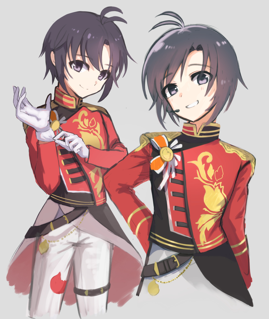 1girl antenna_hair black_eyes black_hair closed_mouth cropped_legs gloves grey_background grin headset idolmaster idolmaster_(classic) kikuchi_makoto long_sleeves looking_at_viewer miyagi pants red_shirt shirt short_hair simple_background smile standing thigh_strap white_gloves white_pants