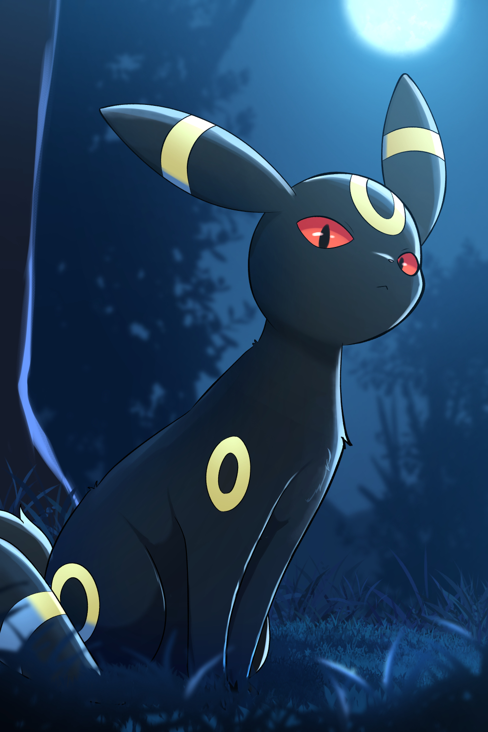 closed_mouth commentary_request creatures_(company) game_freak gen_2_pokemon grass highres looking_at_viewer looking_down moon night nintendo no_humans outdoors pokemon pokemon_(creature) pokemon_focus rumine_(yoshi1234567) sitting sky solo tree umbreon