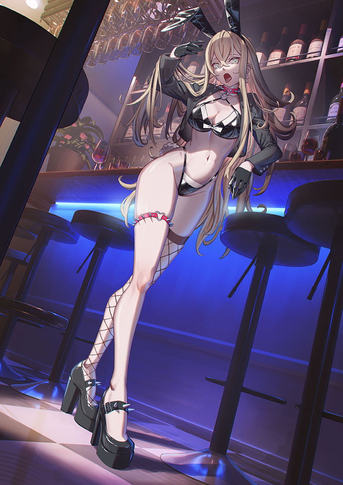 1girl animal_ears arm_up bikini black_bikini black_footwear black_gloves black_hairband black_jacket blonde_hair blue_eyes choker cropped_jacket ear_piercing fake_animal_ears fishnet_thighhighs fishnets full_body gloves hairband halterneck high_heels highleg highleg_bikini hironii_(hironi3) jacket latex_bikini legs long_hair long_legs long_sleeves looking_at_viewer navel open_clothes open_jacket open_mouth original piercing rabbit_ears red_choker second-party_source sidelocks single_thighhigh solo spiked_choker spikes standing stomach string_bikini studded_thigh_strap swimsuit thigh_strap thighhighs thighs tongue tongue_out tongue_piercing very_long_hair