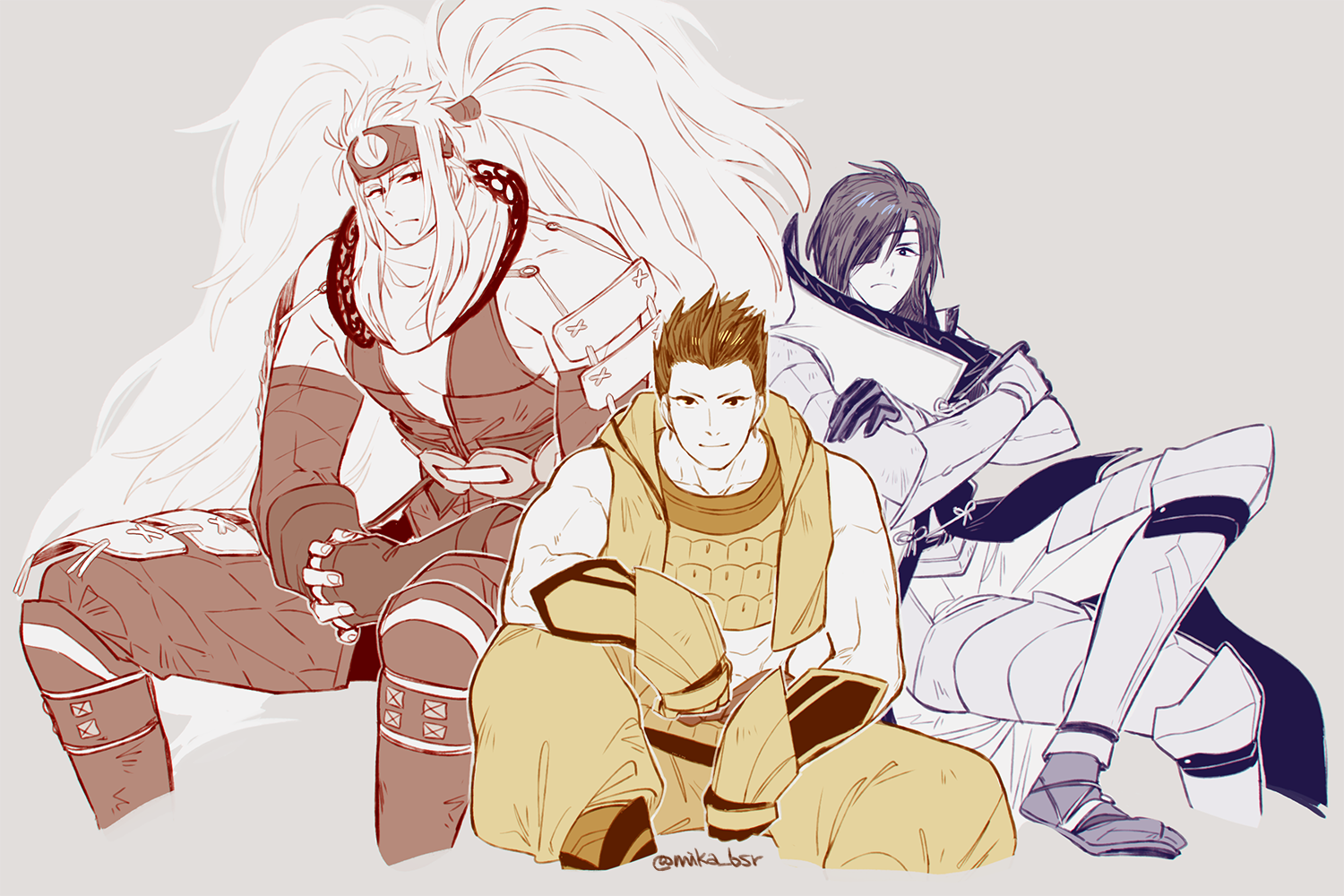 3boys big_hair crop_top crossed_arms date_masamune_(sengoku_basara) grey_background invisible_chair khirzava limited_palette long_hair male_focus multiple_boys muscular muscular_male official_alternate_costume sanada_nobuyuki_(sengoku_basara) sengoku_basara short_hair simple_background sitting tokugawa_ieyasu_(sengoku_basara) toned toned_male twintails very_long_hair