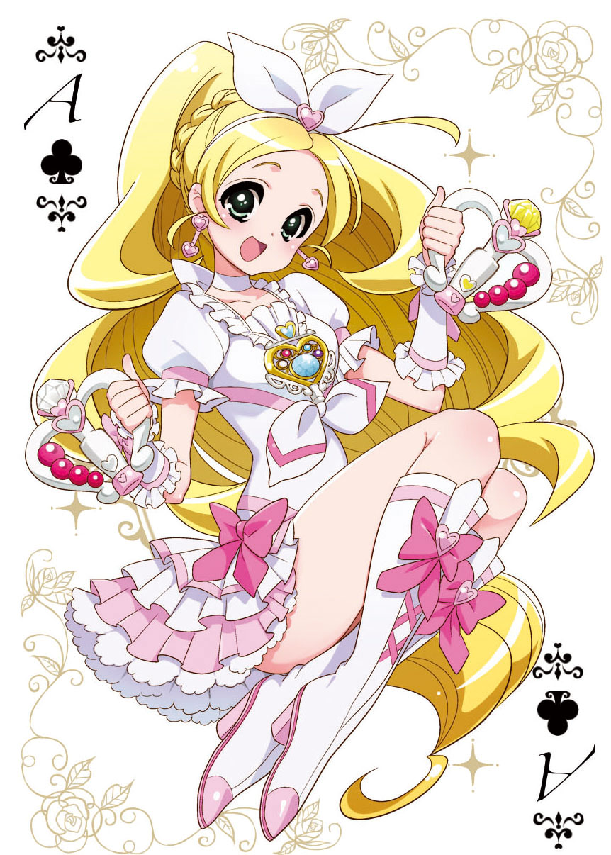 10s 1girl ace_(playing_card) ace_of_clubs blonde_hair boots bow braid brooch card choker club_(shape) clubs cure_rhythm fantastic_belltier female_focus frills full_body green_eyes hair_bow hairband highres jewelry knee_boots long_hair magical_girl minamino_kanade playing_card precure puffy_sleeves skirt smile solo suite_precure white_background white_choker wrist_cuffs zooya
