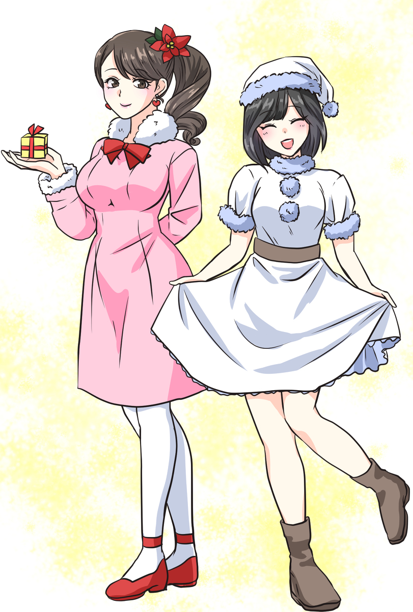 2girls black_hair brown_eyes brown_hair gift highres holding_present igasaki_fuuka momochi_kasumi multiple_girls santa_outfit sayaka_(artist) shuriken_sentai_ninninger super_sentai サヤカ