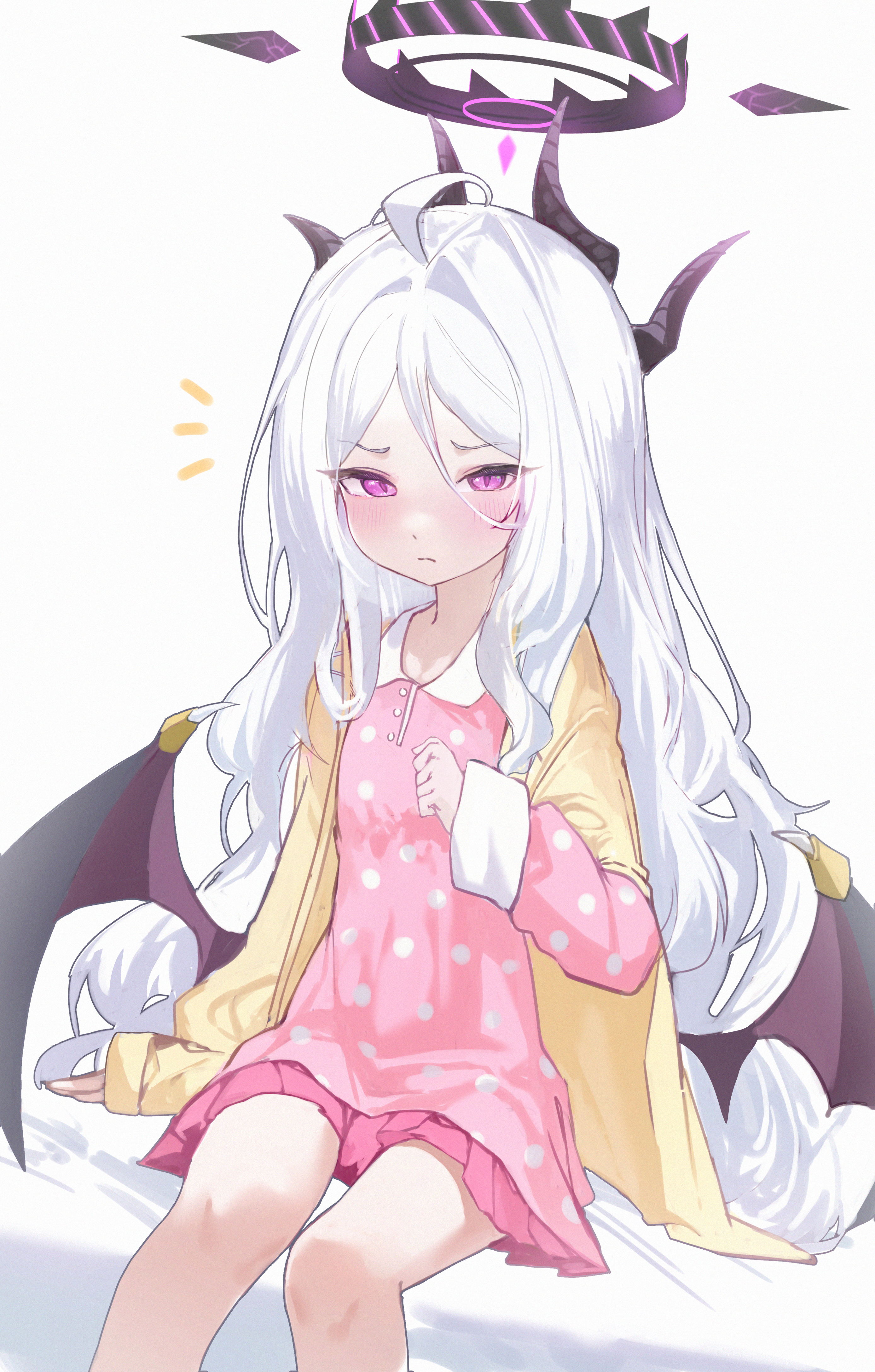 1girl absurdres black_halo blue_archive blush breasts demon_girl demon_horns demon_wings halo highres hina_(blue_archive) hina_(pajamas)_(blue_archive) horns jacket looking_at_viewer mamo_(user_jjca7524) pajamas pink_pajamas polka_dot polka_dot_pajamas pout purple_eyes simple_background sitting small_breasts thighs white_background wings yellow_jacket