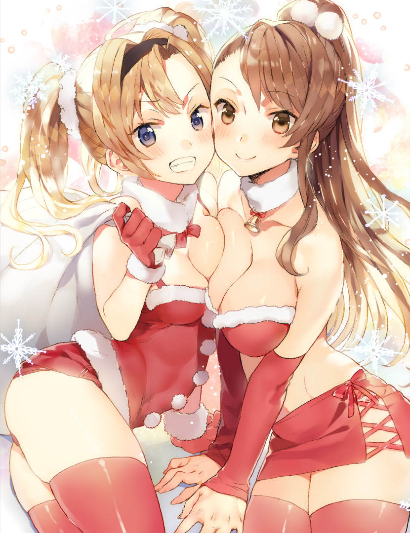 10s 2girls asymmetrical_bangs asymmetrical_docking bare_shoulders beatrix_(granblue_fantasy) bell blonde_hair blue_eyes blush breast_press breasts brown_eyes brown_hair christmas cleavage collar collarbone commentary_request fur_collar granblue_fantasy grin hairband ikeya large_breasts long_hair looking_at_viewer medium_breasts merry_christmas miniskirt multiple_girls neck_bell ponytail red_ribbon ribbon santa_costume short_shorts shorts skirt smile teeth thighhighs twintails zeta_(granblue_fantasy)