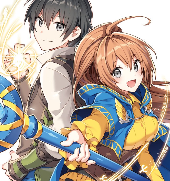 1boy 1girl :d azuma_rin_(isekai_cheat_magician) back-to-back black_eyes black_hair blonde_hair blue_cape cape holding holding_staff isekai_cheat_magician long_hair nardack nishimura_taichi official_art open_mouth outstretched_arm ponytail portrait reaching reaching_towards_viewer shirt short_hair simple_background smile staff vest waistcoat white_background wrist_guards yellow_shirt