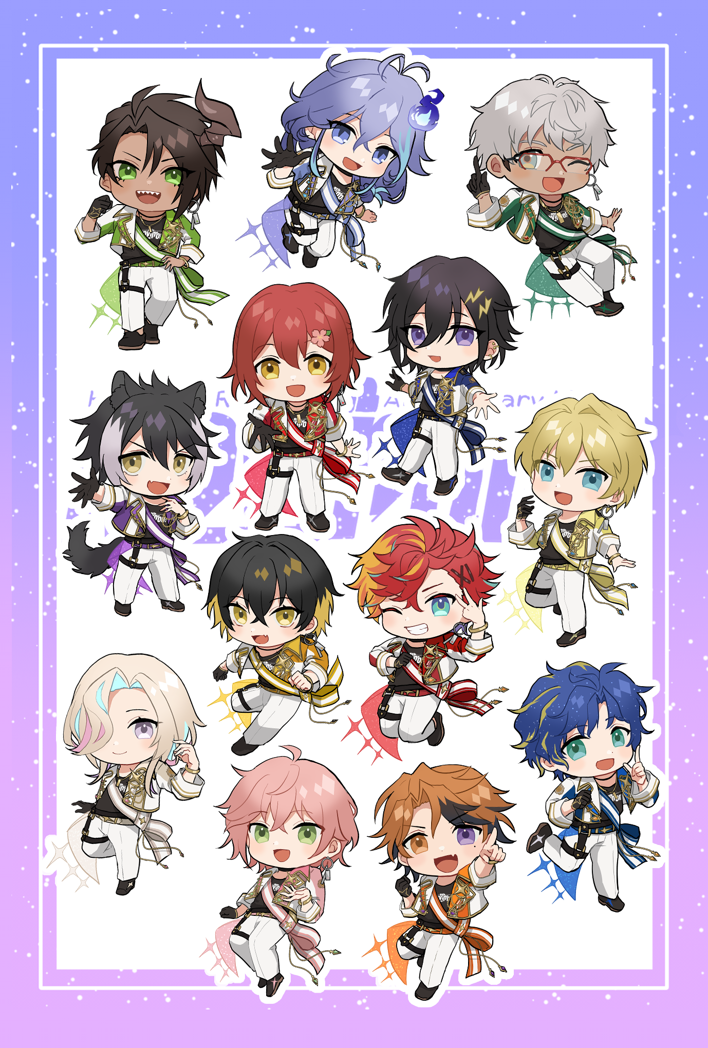 6+boys animal_ears aragami_oga arurandeisu astel_leda beckoning belt black_footwear black_gloves black_hair black_shirt blonde_hair blue_belt blue_eyes blue_jacket bracelet brown_hair brown_horns clenched_hand colored_inner_hair commentary_request cropped_jacket dark-skinned_male dark_skin earrings everyone fang flower glasses gloves gold_bracelet green_belt green_eyes green_jacket grey_belt hair_between_eyes hair_flower hair_ornament hair_over_one_eye hairclip hanasaki_miyabi hand_on_own_hip heterochromia highres hitodama hizaki_gamma holostars holostars_idol_uniform_(movin_on) horns idol_clothes jackal_boy jackal_ears jackal_tail jacket jewelry kageyama_shien kanade_izuru kishido_temma lightning_bolt lightning_bolt_hair_ornament lightning_bolt_symbol long_hair male_focus medium_hair minase_rio mioto_(tsubsq_m) mole mole_under_eye multicolored_hair multicolored_jacket multiple_boys necklace one_eye_closed open_clothes open_jacket orange_belt orange_eyes orange_hair outline pants pink_belt pink_hair pointing pointing_up purple_belt purple_eyes purple_hair purple_jacket red-framed_eyewear red_belt red_hair red_jacket rikka_(holostars) sharp_teeth shirt short_hair single_earring single_glove single_horn skin_fang smile streaked_hair teeth thigh_strap two-tone_jacket utsugi_uyu virtual_youtuber w white_hair white_jacket white_outline white_pants yatogami_fuma yellow_belt yellow_jacket yukoku_roberu
