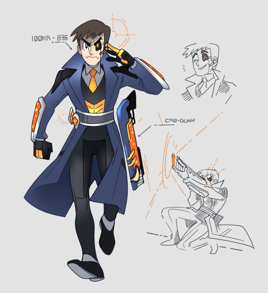 1boy black_eyes black_footwear blue_coat bright_pupils brown_hair character_name clenched_hand closed_mouth coat collared_shirt commentary_request frown grey_background grey_shirt gun holding holding_weapon looker_(pokemon) male_focus multiple_views necktie nintendo notice_lines open_clothes open_coat orange_necktie pants pokemon pokemon_dppt pokemon_platinum shirt shoes short_hair standing vergolophus walking weapon white_pupils