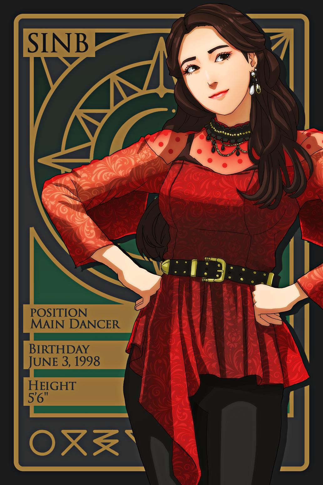 1girl artist_name_(singer) belt black_pants brown_hair closed_mouth commentary cowboy_shot earrings eyeshadow gfriend hands_on_own_hips highres jewelry k-pop long_hair looking_to_the_side makeup mascara pants real_life red_eyeshadow renzengeki sinb_(gfriend) smile solo