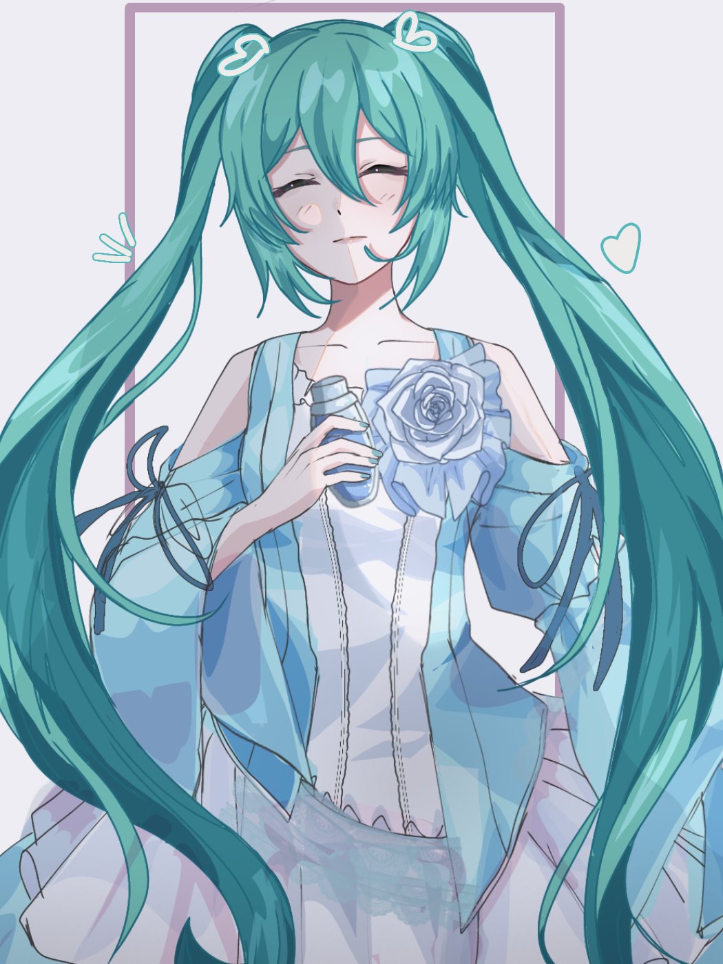 1girl aqua_hair bare_shoulders blue_dress blue_nails bottle closed_eyes closed_mouth clothing_cutout collarbone dress dress_flower evillious_nendaiki flower hair_between_eyes hatsune_miku highres holding holding_bottle hui_(hisessu) light_blue_dress long_hair margarita_blankenheim nemurase_hime_kara_no_okurimono_(vocaloid) pale_skin poison project_sekai rose shoulder_cutout solo twintails very_long_hair vocaloid white_flower white_rose wide_sleeves