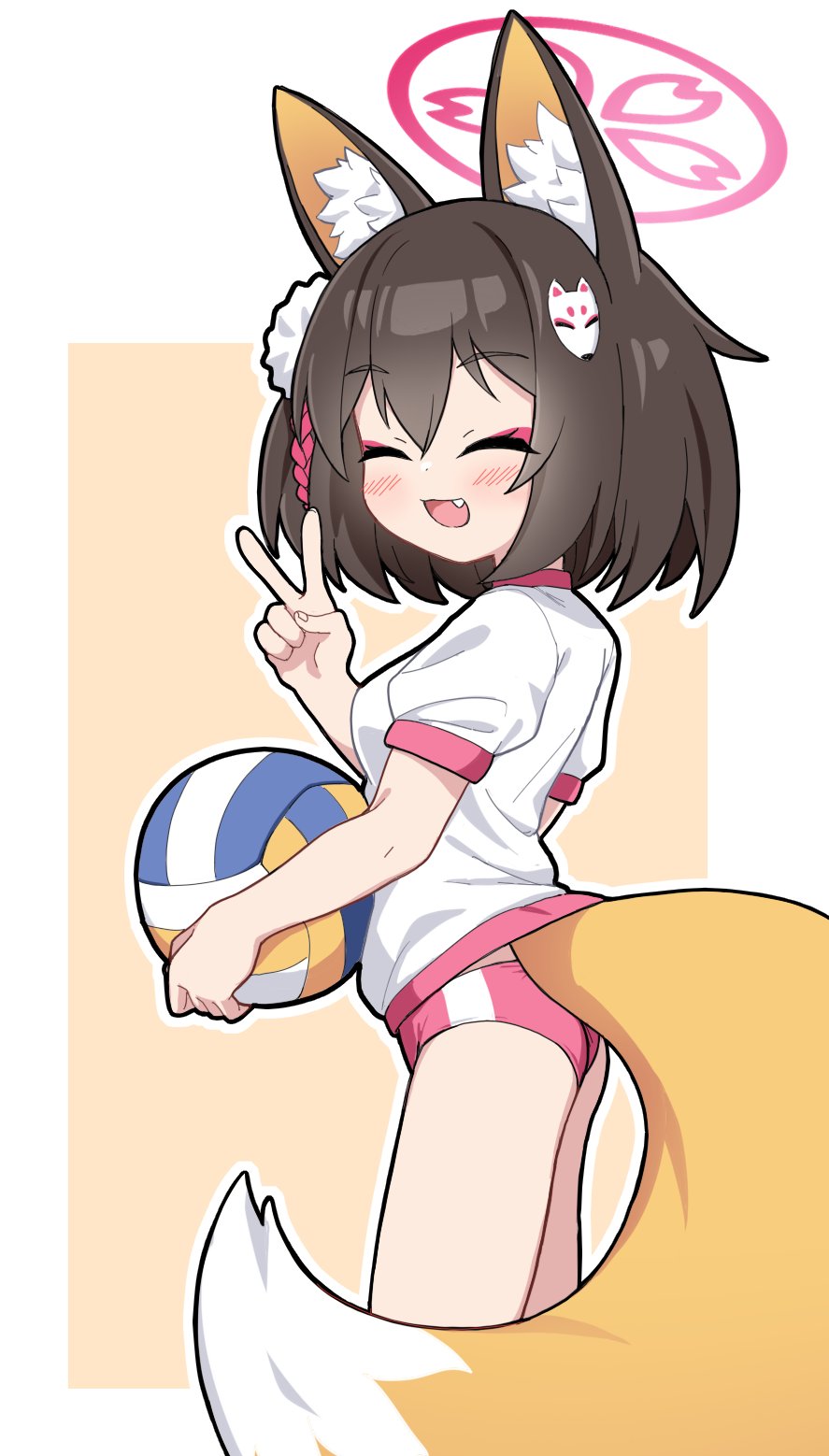 1girl :d ^_^ alternate_costume animal_ear_fluff animal_ears ball blue_archive blush brown_hair buruma closed_eyes commentary eyeshadow facing_viewer fang fox_ears fox_girl fox_hair_ornament fox_tail from_side gym_shirt gym_uniform hair_ornament halo hand_up happy highres holding holding_ball izuna_(blue_archive) makeup medium_hair needle_(574187457) one_side_up open_mouth orange_background outline pink_buruma pink_eyeshadow pink_halo pom_pom_(clothes) pom_pom_hair_ornament shirt short_sleeves simple_background smile solo standing tail two-tone_background v volleyball_(object) white_background white_outline white_shirt