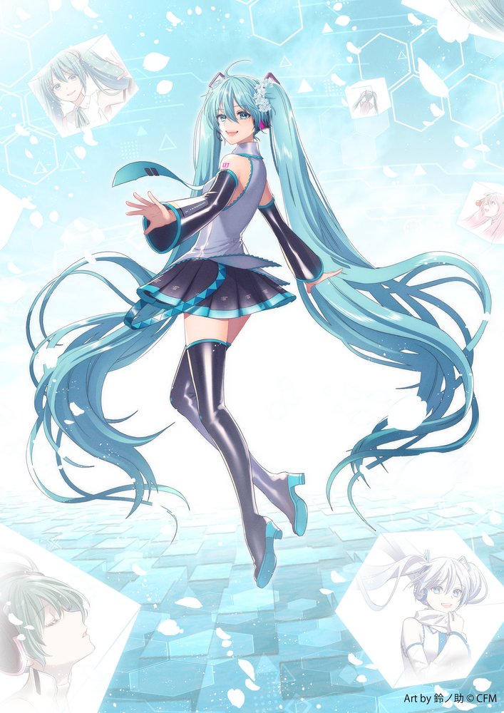 absurdly_long_hair anniversary aqua_eyes aqua_hair aqua_necktie artist_name black_boots boots colored_shoe_soles company_name copyright_notice countdown floating_neckwear full_body grey_shirt hatsune_miku hatsune_miku_(append) hatsune_miku_(nt) hatsune_miku_happy_16th_birthday_-dear_creators- long_hair multiple_persona necktie official_art pleated_skirt sakura_miku second-party_source shirt skirt sleeveless sleeveless_shirt smile solo suzunosuke_(sagula) thigh_boots twintails very_long_hair vocaloid vocaloid_append yuki_miku yuki_miku_(2011)