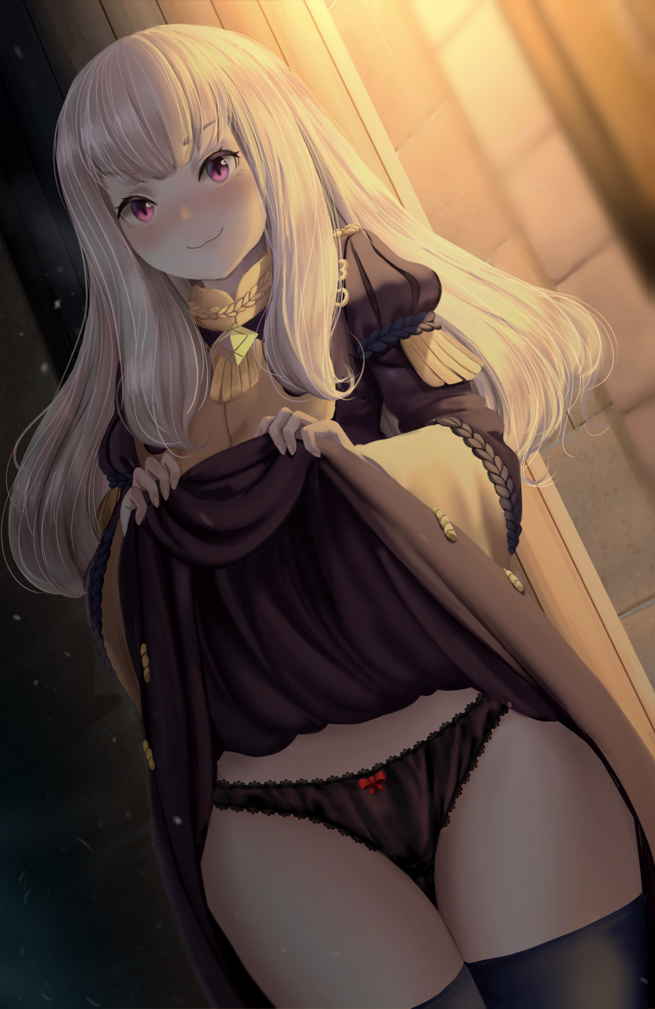 1girl black_panties black_thighhighs blush bow bow_panties closed_mouth clothes_lift cowboy_shot dkoro dress dress_lift feet_out_of_frame female_focus fire_emblem fire_emblem:_three_houses highres lifting_own_clothes long_hair long_sleeves looking_at_viewer lysithea_von_ordelia nintendo paid_reward_available panties pink_eyes smile solo standing thigh_gap thighhighs thighs underwear white_hair