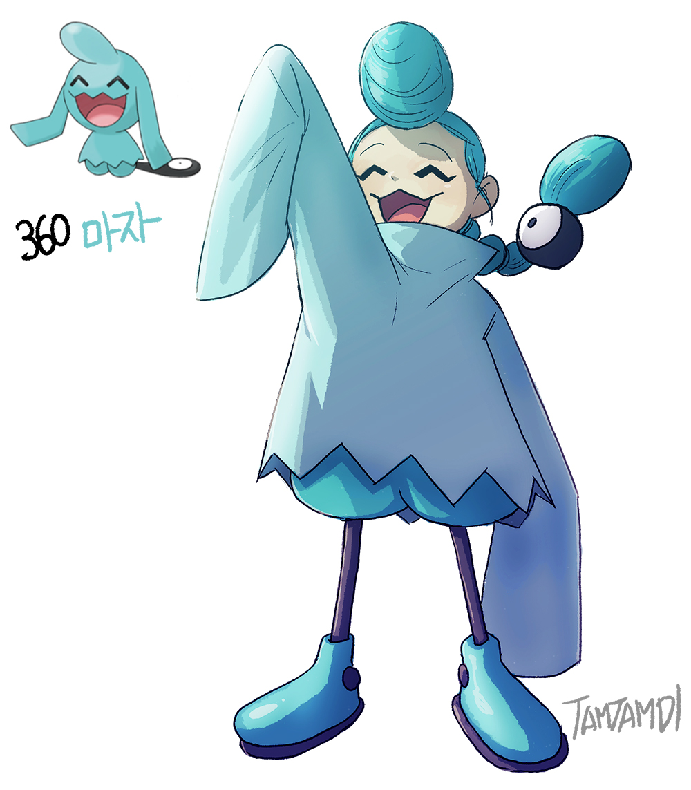 1girl arm_up blue_footwear blue_hair blue_shirt blue_shorts braid closed_eyes commentary full_body gen_3_pokemon hair_bun long_sleeves nintendo open_mouth pantyhose personification pokemon pokemon_(creature) puffy_shorts purple_pantyhose reference_inset shirt shorts signature sleeves_past_fingers sleeves_past_wrists standing tamtamdi translated wynaut