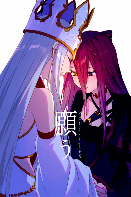 2girls bare_shoulders black_dress black_eyes bow braid breasts choker closed_eyes crown dress echo_(circa) fate/grand_order fate_(series) gold_trim hair_between_eyes heterochromia irisviel_von_einzbern irisviel_von_einzbern_(caster) large_breasts long_hair long_sleeves multiple_girls open_mouth red_hair small_breasts smile translation_request typhon_ephemeros_(fate) typhon_ephemeros_(second_ascension)_(fate) very_long_hair white_dress white_hair wide_sleeves yellow_eyes