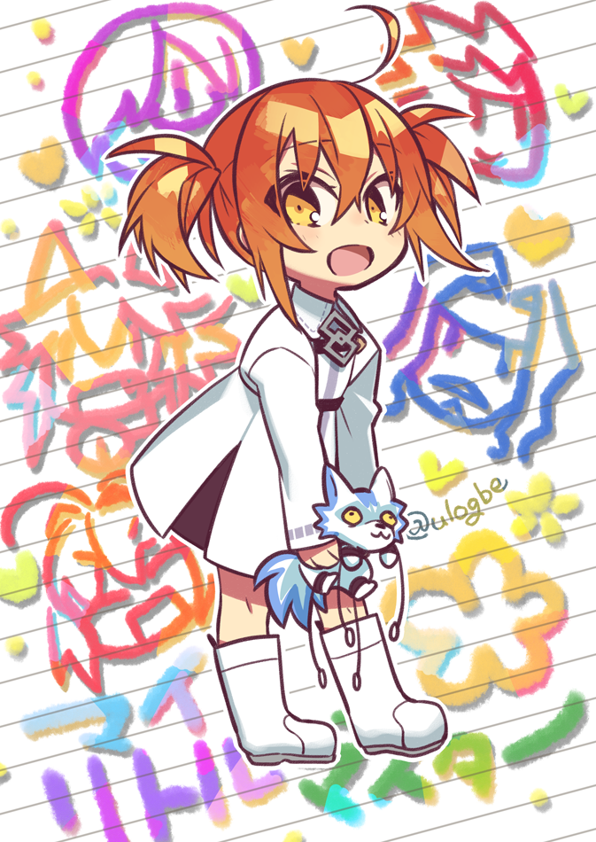 1girl aged_down ahoge archer_(fate) blush boots chaldea_uniform dress fate/grand_order fate_(series) fujimaru_ritsuka_(female) lobo_(fate) long_sleeves looking_at_viewer mash_kyrielight negi_(ulog&#039;be) nero_claudius_(fate) open_mouth orange_eyes orange_hair short_hair short_twintails smile solo stuffed_toy tamamo_(fate) tamamo_cat_(fate) twintails vlad_iii_(fate/apocrypha) white_dress