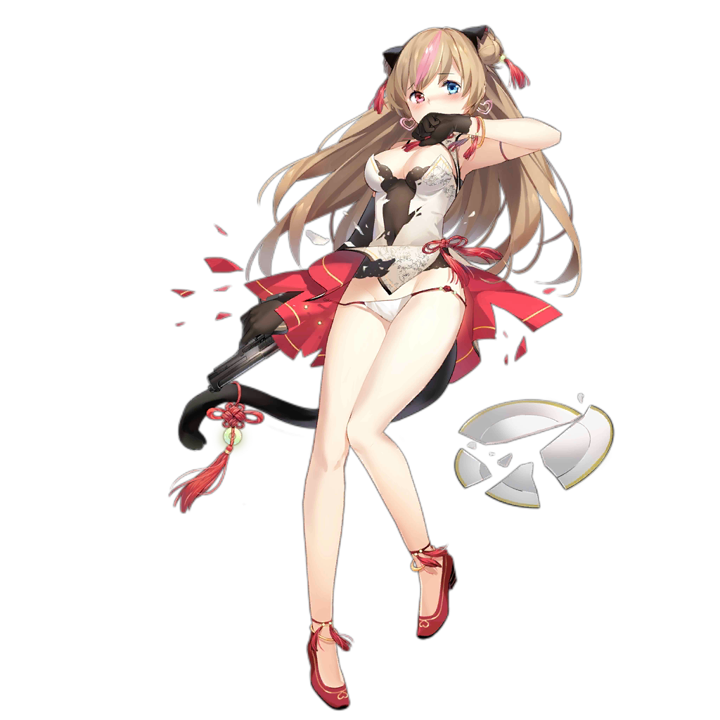 1girl anklet arm_at_side asymmetrical_gloves bare_legs black_dress black_gloves blue_eyes blush breasts brown_hair cleavage_cutout clothing_cutout covered_navel double_bun dress earrings elbow_gloves female_focus full_body girls&#039;_frontline gloves gun h&amp;k_mark_23 hair_bun hand_to_own_mouth handgun heart heart_earrings heckler_&amp;_koch jewelry knees_together_feet_apart layered_dress looking_at_viewer match_grade match_grade_firearm match_grade_pistol medium_breasts mk23_(girls&#039;_frontline) mk23_(honey_flower)_(girls&#039;_frontline) multicolored_hair offensive_handgun official_alternate_costume official_art pigeon-toed sheska_xue short_dress single_elbow_glove solo standing streaked_hair torn_clothes transparent_background uneven_gloves weapon white_dress