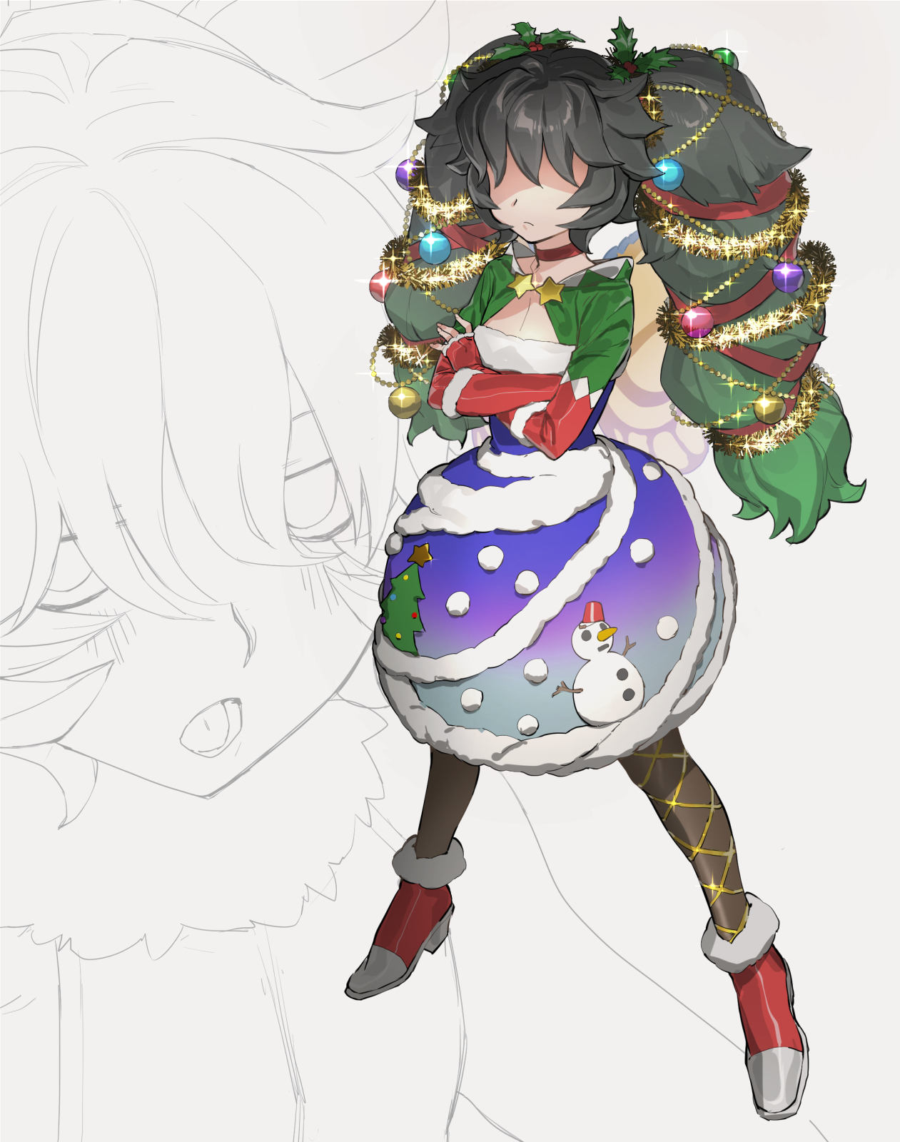 1girl alastor_(megido72) alternate_costume bags_under_eyes black_hair black_pantyhose blush boots breasts bubble_skirt choker christmas christmas_ornaments christmas_tree_print cleavage_cutout closed_mouth clothing_cutout commentary_request covered_eyes crossed_arms dress frown fur-trimmed_boots fur-trimmed_dress fur_trim glint gradient_clothes gradient_dress gradient_hair green_hair green_sleeves grey_background hair_over_eyes hair_ribbon high_heel_boots high_heels highres legs_apart long_bangs long_hair long_sleeves looking_at_viewer megido72 mistletoe_hair_ornament multicolored_hair multicolored_sleeves multiple_views open_mouth pantyhose partially_colored print_dress projected_inset red_choker red_footwear red_ribbon red_sleeves ribbon shrug_(clothing) skirt sleeves_past_wrists small_breasts snow_print snowman_print soosaresu standing strapless strapless_dress tinsel twintails