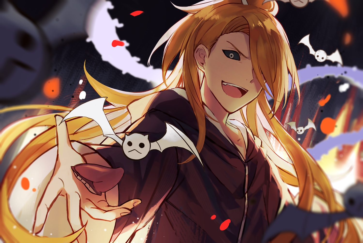 1boy bat_(animal) black_sclera blonde_hair brown_robe bug centipede colored_sclera deidara_(naruto) embers explosion fire hair_over_one_eye happy high_ponytail long_hair looking_at_viewer male_focus naruto_(series) naruto_shippuuden open_mouth ponytail reaching reaching_towards_viewer robe ryouun solo tongue