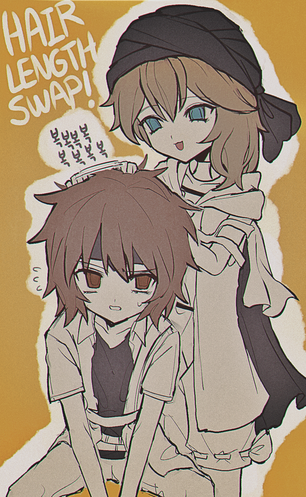 2others :3 alternate_hair_length alternate_hairstyle androgynous atoymk black_turban blue_eyes brown_eyes brown_hair cine_hamal film_grain hair_length_switch highres kurohebi kuzu_suzumi len&#039;en light_brown_hair medium_hair multiple_others open_mouth other_focus ribbon-trimmed_shorts ribbon_trim short_hair short_sleeves shorts translation_request turban
