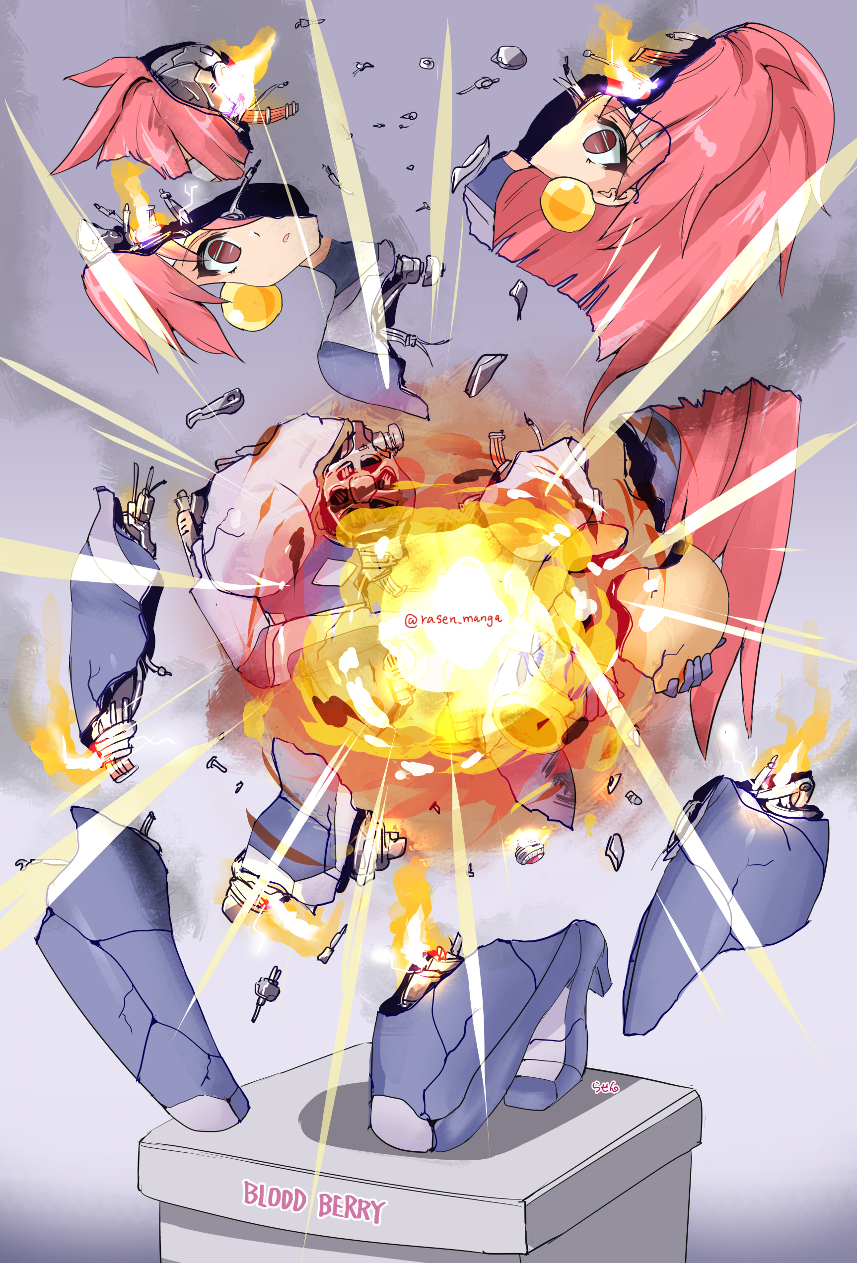 1girl absurdres android bloodberry brown_eyes character_name earrings explosion gradient_background grey_background headband highres jewelry kneeling mechabare navel pink_hair rasen_manga saber_marionette_j solo twitter_username
