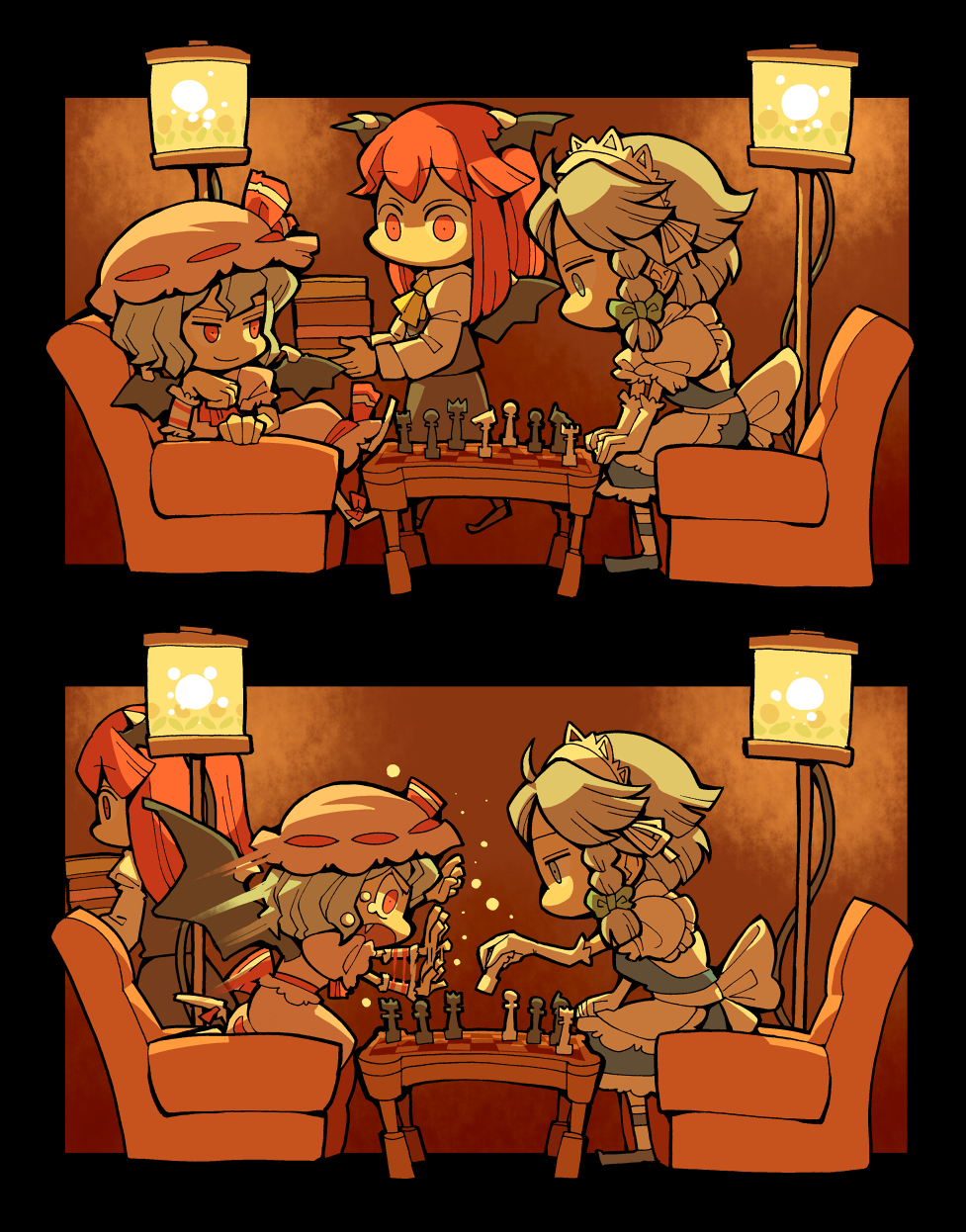 3girls bat_wings blue_eyes board_game book braid chess constricted_pupils hat head_wings highres hounori izayoi_sakuya koakuma multiple_girls red_eyes red_hair remilia_scarlet revision short_hair silver_hair touhou wings