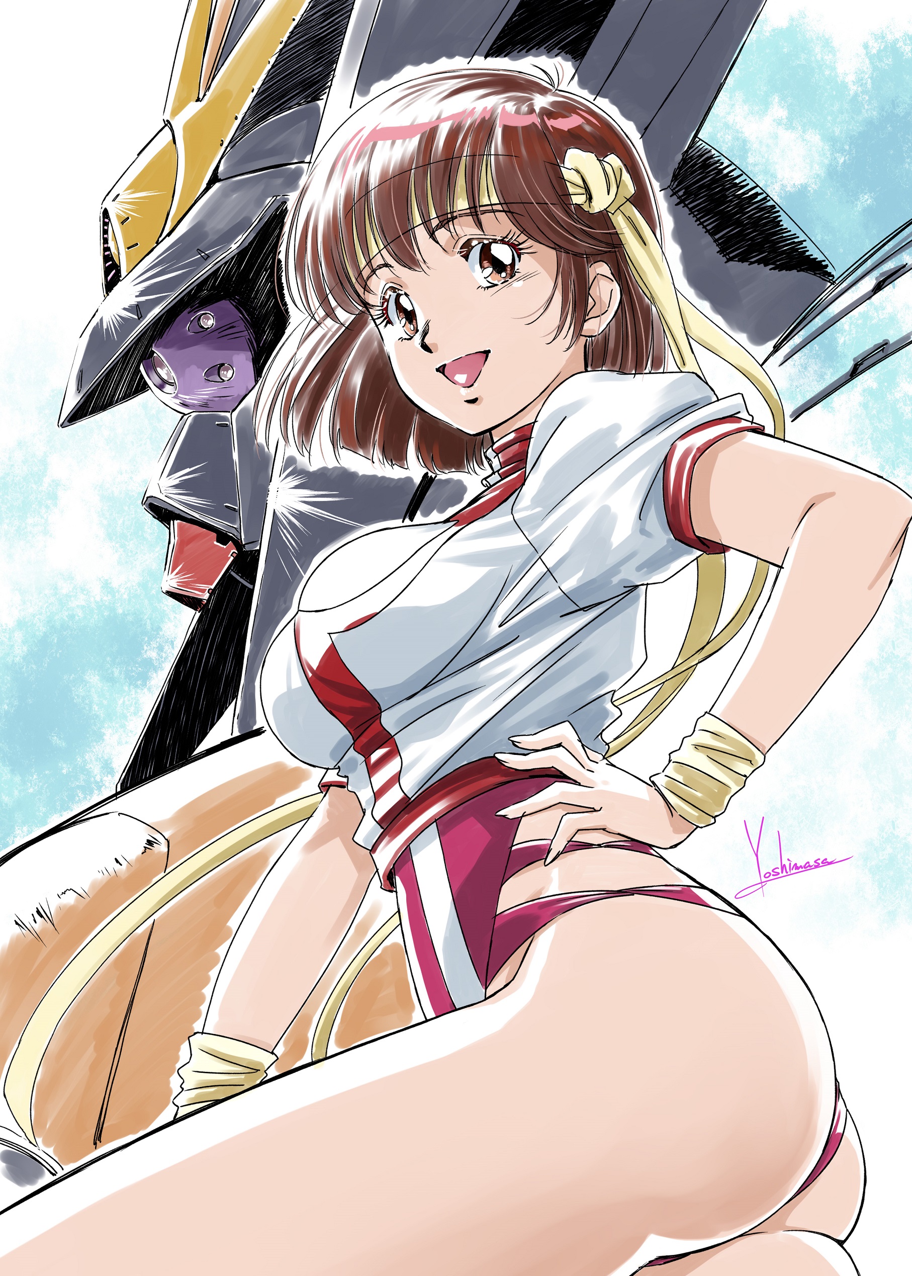1girl absurdres artist_name ass breasts brown_eyes brown_hair commentary_request fingernails from_side gunbuster hand_on_own_hip headband highleg highleg_leotard highres leotard looking_at_viewer mecha medium_breasts medium_hair open_mouth robot short_sleeves signature simple_background smile super_robot takaya_noriko thighs top_wo_nerae! top_wo_nerae!_(series) wristband yoshinaga_masahiro