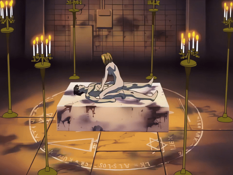 00s 1boy 1girl 2001 age_difference animated animated_gif ass basement bible_black bible_black_night_of_the_walpulgiss blonde_hair candle candlestand cowgirl_position girl_on_top hetero indoors kitami_reika light_rays magic_circle minase_taki nude older_female_and_younger_male ritual school_nurse school_nurse_and_student sex short_hair straddling tagme teacher_and_student