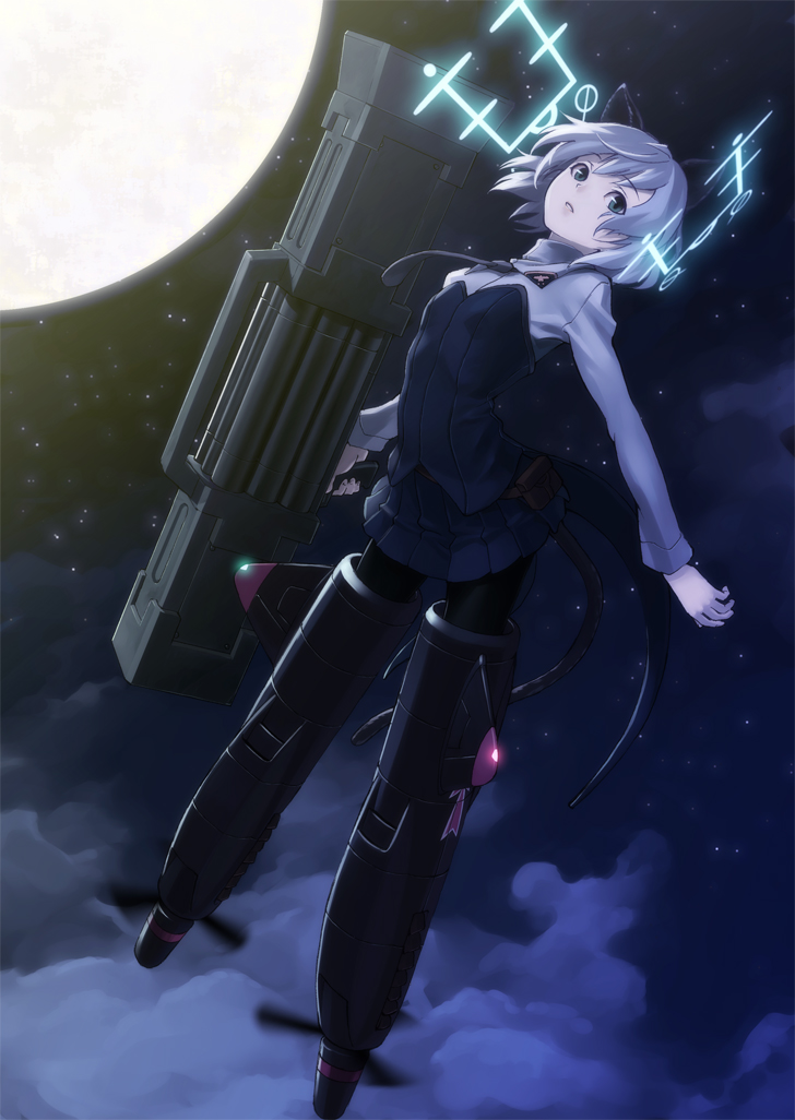 1girl animal_ears antennae bad_id bad_pixiv_id black_pantyhose cat_ears cloud female_focus fujimo_ruru full_moon green_eyes gun hirschgeweih_antennas moon night pantyhose revision sanya_v._litvyak short_hair silver_hair solo star_(symbol) strike_witches striker_unit uniform weapon world_witches_series