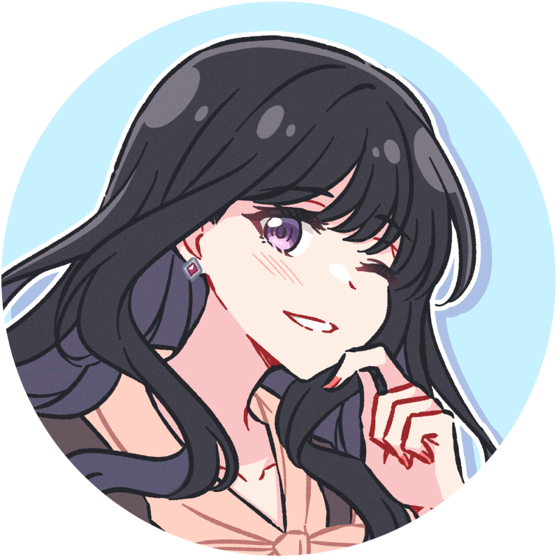 1girl akamirai black_hair circle earrings grin hand_on_own_chin inoue_takina jewelry long_hair looking_at_viewer lycoris_recoil one_eye_closed portrait purple_eyes single_earring smile transparent