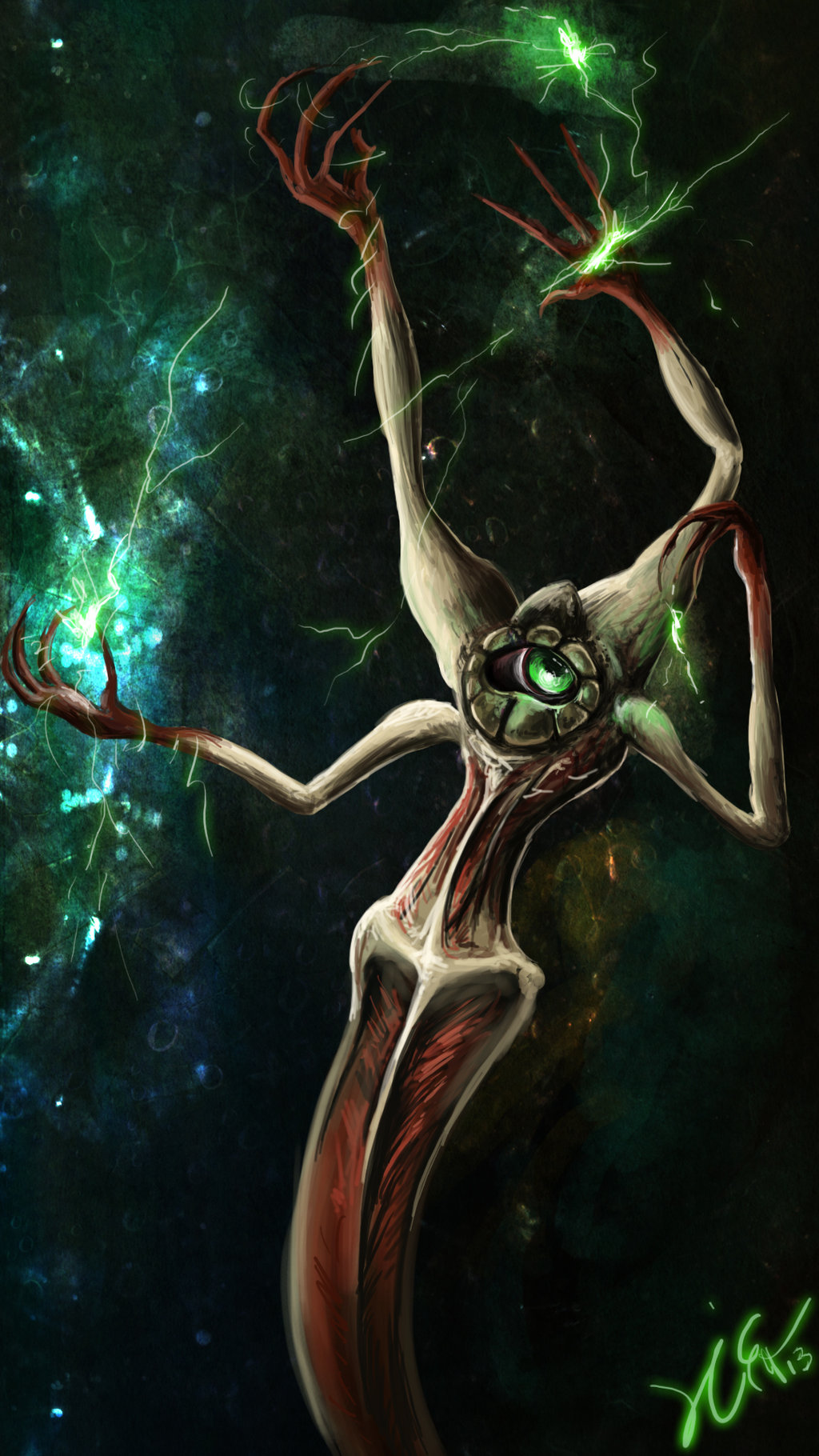 cosmic_horror eldritch_abomination electricity energy energy_ball eternal_darkness:_sanity&#039;s_requiem extra_arms floating giant giant_monster glowing glowing_eye glowing_eyes green_electricity highres lightning monster nintendo onikafei silicon_knights space star_(symbol) xel&#039;lotath zero_gravity