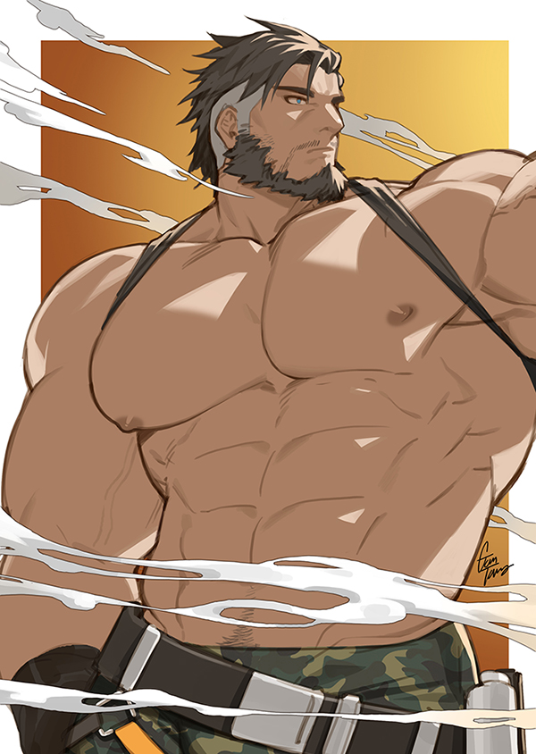 1boy abs armpits artist_name bara beard belt black_hair camouflage camouflage_pants clothes_lift duran_(gyee) explosive facial_hair gomtang green_eyes grenade gyee large_pectorals looking_to_the_side male_focus manly mature_male muscular muscular_male nipples pants pectorals shirt_lift signature solo spiked_hair tank_top undercut veins veiny_arms