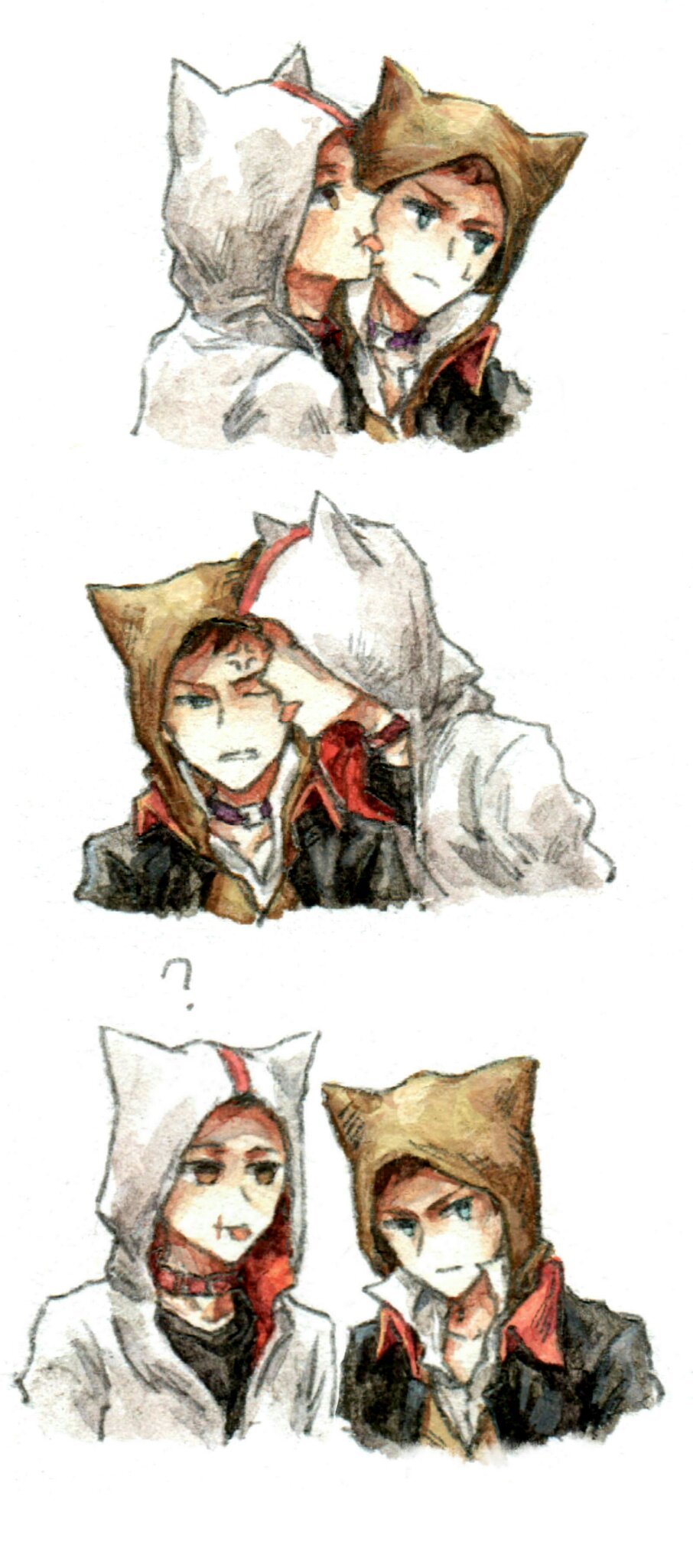 2boys ? alex_mercer ameyoshi-kun anger_vein animal_ears annoyed assassin&#039;s_creed_(series) cat_boy cat_ears licking_another&#039;s_cheek collar comic crossover desmond_miles animal_collar licking_another&#039;s_face highres hood hooded_jacket jacket licking male_focus multiple_boys prototype_(game) sweatdrop tongue upper_body white_background