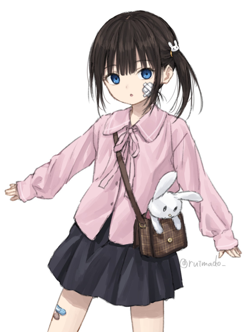 1girl bag bandaid bandaid_on_cheek bandaid_on_face bandaid_on_leg black_hair blue_eyes collared_shirt cowboy_shot hair_ornament long_sleeves looking_at_viewer neck_ribbon open_mouth original pleated_skirt rabbit_hair_ornament ribbon ruimado shirt short_hair shoulder_bag side_ponytail skirt sleeves_past_wrists solo stuffed_animal stuffed_rabbit stuffed_toy