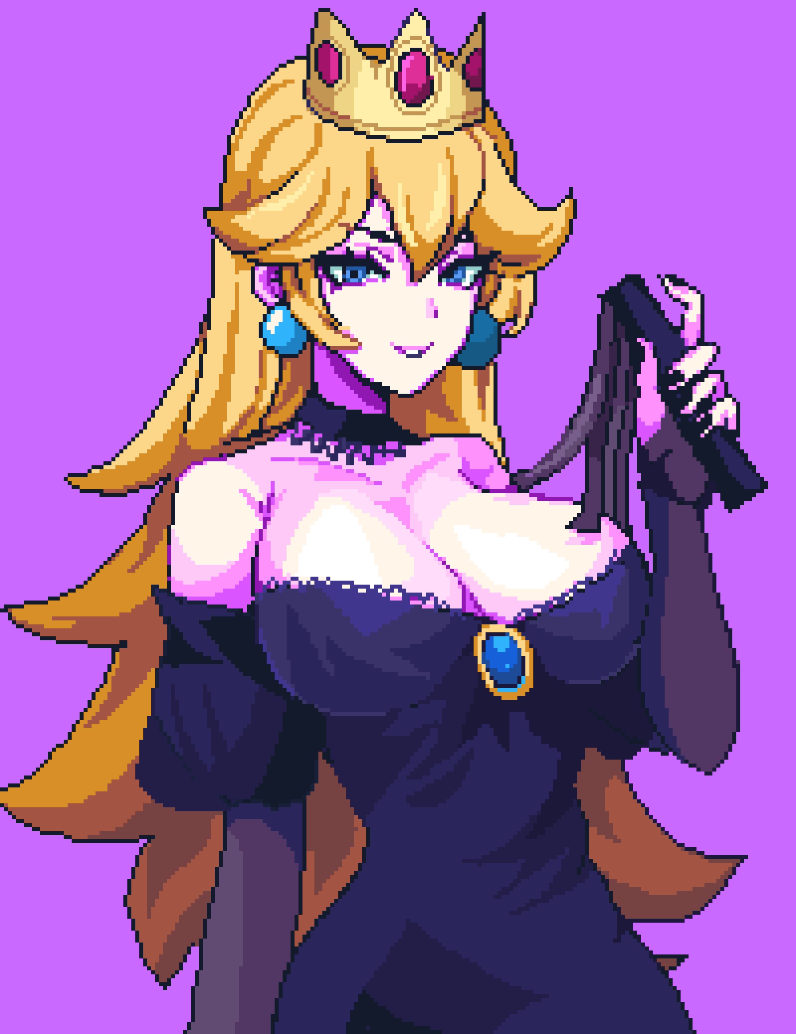 1girl bare_shoulders black_dress blonde_hair blue_eyes bowsette bracelet breasts cleavage collar collarbone crown dress earrings grin hair_between_eyes highres jewelry long_hair looking_at_viewer mario_(series) new_super_mario_bros._u_deluxe nintendo pixel_art pixelcadete simple_background smile solo strapless whip