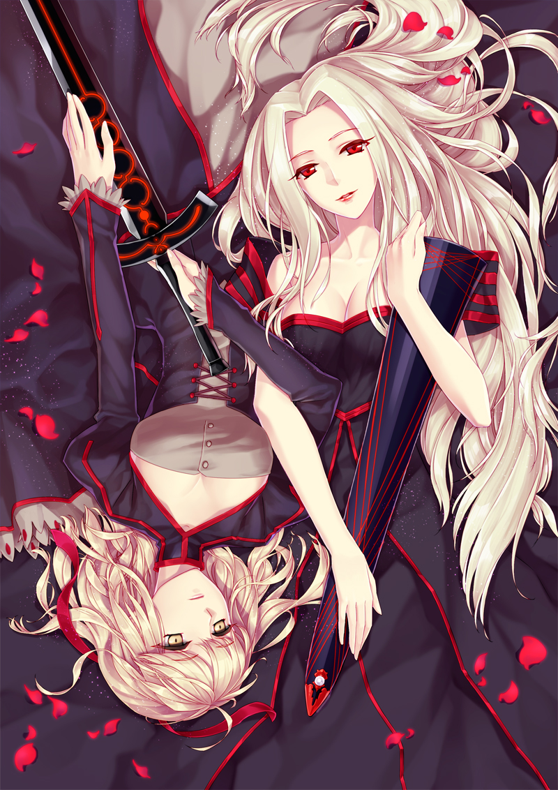 2girls alternate_color artoria_pendragon_(fate) avalon_(fate) blonde_hair dark_persona dress excalibur_morgan_(fate) fate/zero fate_(series) holding irisviel_von_einzbern irisviel_von_einzbern_(angel&#039;s_song) irisviel_von_einzbern_(black_iri) long_hair lying multiple_girls on_back petals red_eyes ribbon saber_(fate) saber_alter short_hair silver_hair smile sword weapon yellow_eyes yeruen