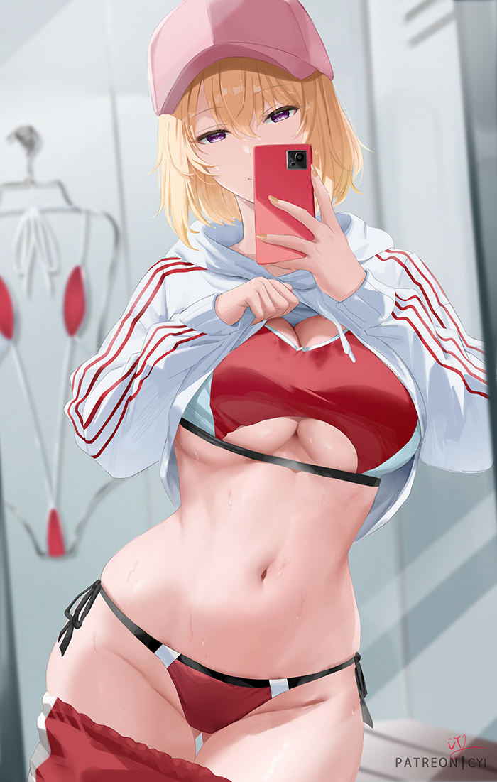 1girl baseball_cap bikini blonde_hair breasts cha_hae-in clothes_hanger cyicheng full-length_mirror hat holding holding_phone hood hood_down hoodie large_breasts lifting_own_clothes looking_at_viewer mirror navel paid_reward_available patreon_username phone pink_hat purple_eyes red_bikini reflection reflection_focus selfie short_hair side-tie_bikini_bottom solo solo_leveling sweat swimsuit underboob white_hoodie