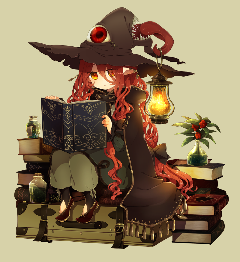 1girl black_cape black_hat black_legwear book brown_shoes cape dress earrings expressionless eyeball female_focus glass_bottle green_background green_dress grey_pants hat holding holding_book hood hooded_cape jewelry lantern long_hair mamyouda original pants pants_under_dress pile_of_books pointy_ears pointy_footwear puffy_pants reading red_hair sharp_teeth shoes sitting sitting_on_books solo suitcase teeth tongue tongue_grab tongue_hold vase very_long_hair wavy_hair witch witch_hat yellow_eyes