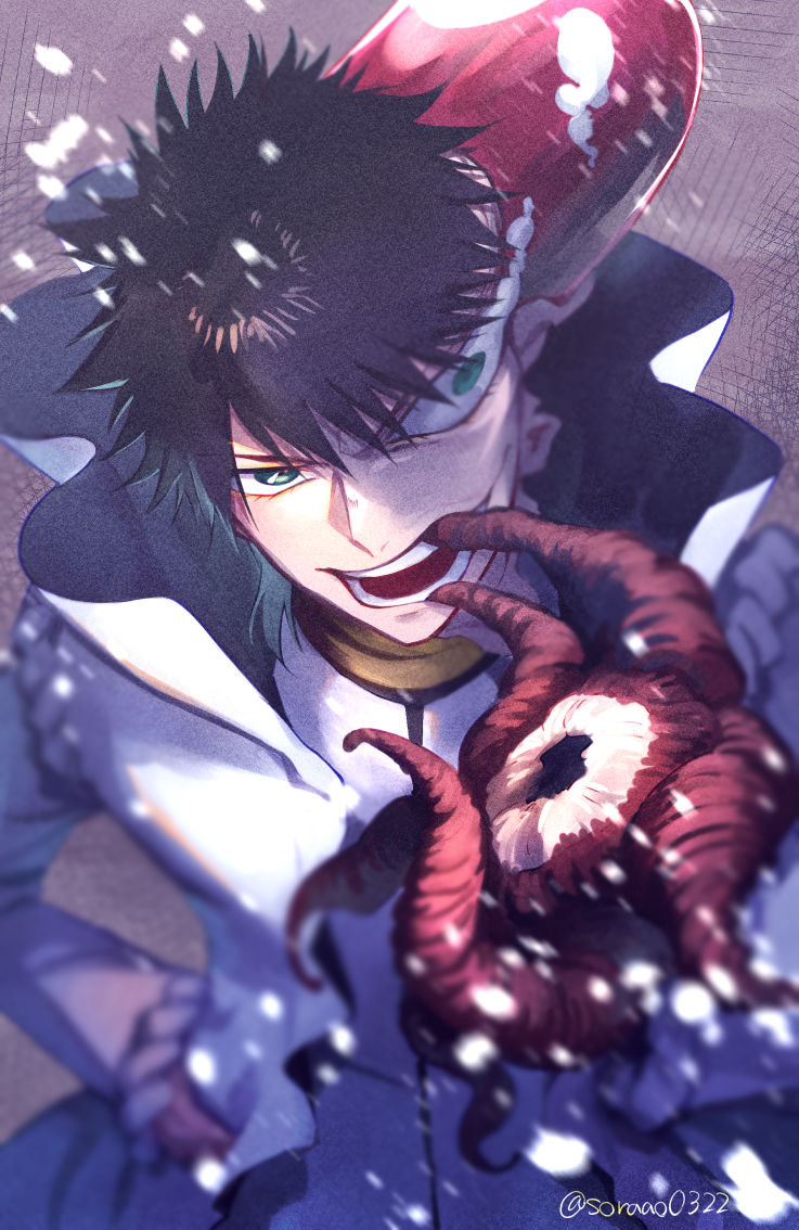 1boy aaroniero_arruruerie black_hair bleach collared_dress commentary_request crazy_eyes dress evil_smile eyelashes green_eyes hand_on_own_hip long_sleeves male_focus open_mouth shiba_kaien short_hair simple_background smile solo soraao0322 spiked_hair teeth tentacle_in_mouth tentacles twitter_username upper_body v-shaped_eyebrows white_dress