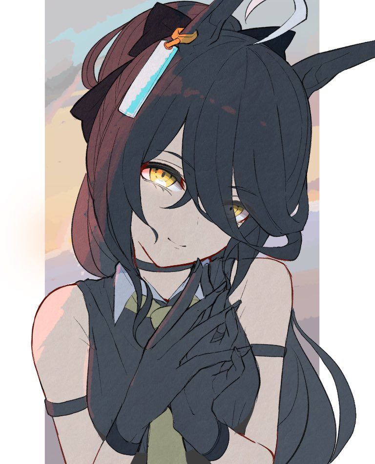 1girl ahoge animal_ears arm_strap armpit_crease black_choker black_gloves black_hair choker ear_ornament ear_tag earrings gloves hair_between_eyes hair_ornament hair_ribbon head_tilt horse_ears horse_girl jewelry kawamochi_(tddm3573) long_hair manhattan_cafe_(umamusume) necktie own_hands_together ponytail ribbon seductive_smile shirt sleeveless sleeveless_shirt smile solo umamusume yellow_eyes yellow_necktie
