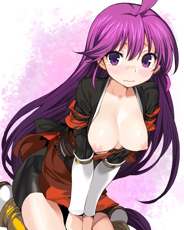 1girl alice_soft bike_shorts bike_shorts_under_skirt blush breasts breasts_out dress female_focus gauntlets gradient_background japanese_clothes kentou_kanami large_breasts long_hair looking_at_viewer nipples onono_imoko open_clothes open_dress open_shirt purple_eyes purple_hair rance_(series) rance_01 red_dress seiza shirt shorts shorts_under_skirt sitting solo tears v_arms very_long_hair wavy_mouth