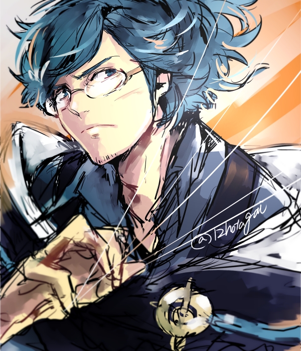 1boy blue_hair facial_hair fire_emblem fire_emblem_fates glasses hotate_rayan japanese_clothes male_focus nintendo ponytail puppet_strings round_eyewear solo upper_body yukimura_(fire_emblem)