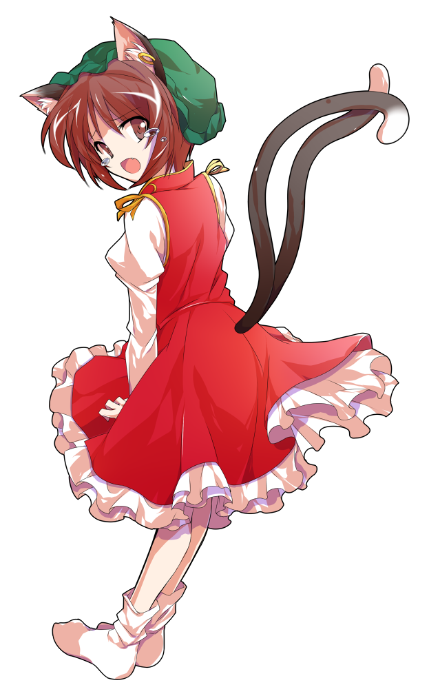 1girl alphes_(style) animal_ears back bobby_socks brown_eyes brown_hair cat_ears cat_girl cat_tail chen commentary_request crying crying_with_eyes_open dairi earrings fang full_body gold_trim green_hat hair_between_eyes hat jewelry large_variant_set long_sleeves looking_at_viewer mob_cap nekomata no_shoes open_mouth parody red_skirt red_vest shirt short_hair single_earring skirt skirt_set socks solo style_parody tachi-e tail tail_raised tears touhou transparent_background variant_set vest white_petticoat white_shirt white_socks