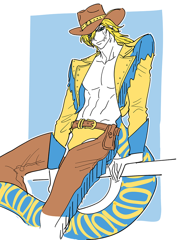 1boy abs blonde_hair blue_eyes cowboy cowboy_clothes cowboy_hat cowboy_western crotchless crotchless_pants diego_brando dinosaur_tail glasgow_smile gooonja hat jojo_no_kimyou_na_bouken looking_at_viewer male_focus medium_hair pants scary_monsters_(stand) solo stand_(jojo) steel_ball_run tail western