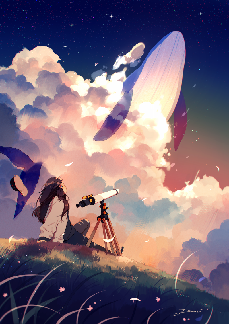 1girl animal baseball_cap black_hair black_shirt blue_sky cloud commission denim earrings flower flying_whale from_behind gradient_sky grass grey_jacket hat jacket jauni_(tofublock) jeans jewelry leaning_back long_hair on_grass on_ground original pants pink_flower red_sky shirt shoes signature sitting sky sneakers solo star_(sky) telescope torn_clothes torn_jeans torn_pants transparent_animal unworn_hat unworn_headwear whale wide_shot