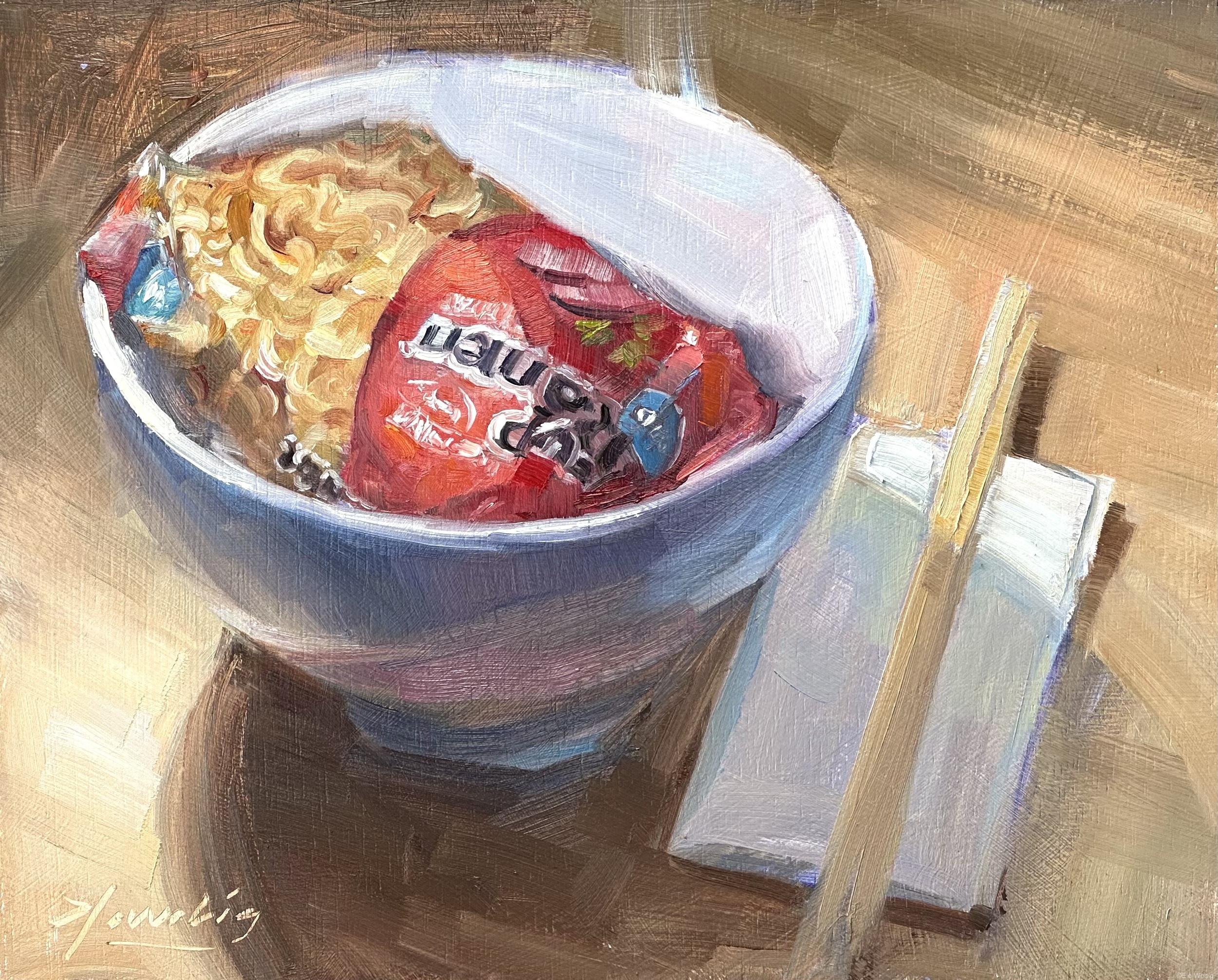 artist_name bowl commentary elo_wobig english_commentary english_text food food_focus highres instant_ramen napkin nissin no_humans oil_painting_(medium) original pack_noodles painting_(medium) shadow signature still_life top_ramen traditional_media